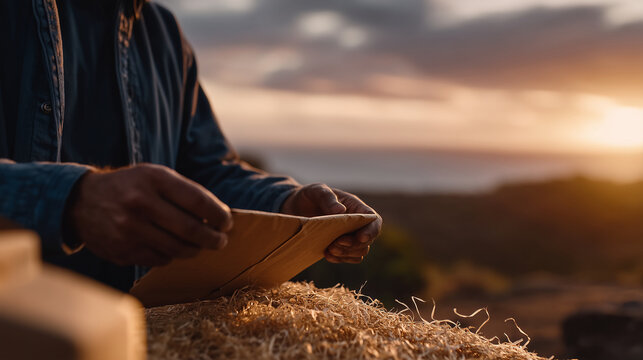 Hand gently tearing open a brown paper parcel, warm golden sunset backlighting the scene, textured paper fibers illuminated against fading sky colors