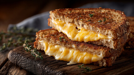 Rustic wooden board showcasing perfectly grilled cheese sandwich with molten cheddar cheese stretching between halves, warm tones highlighting crispy buttery edges