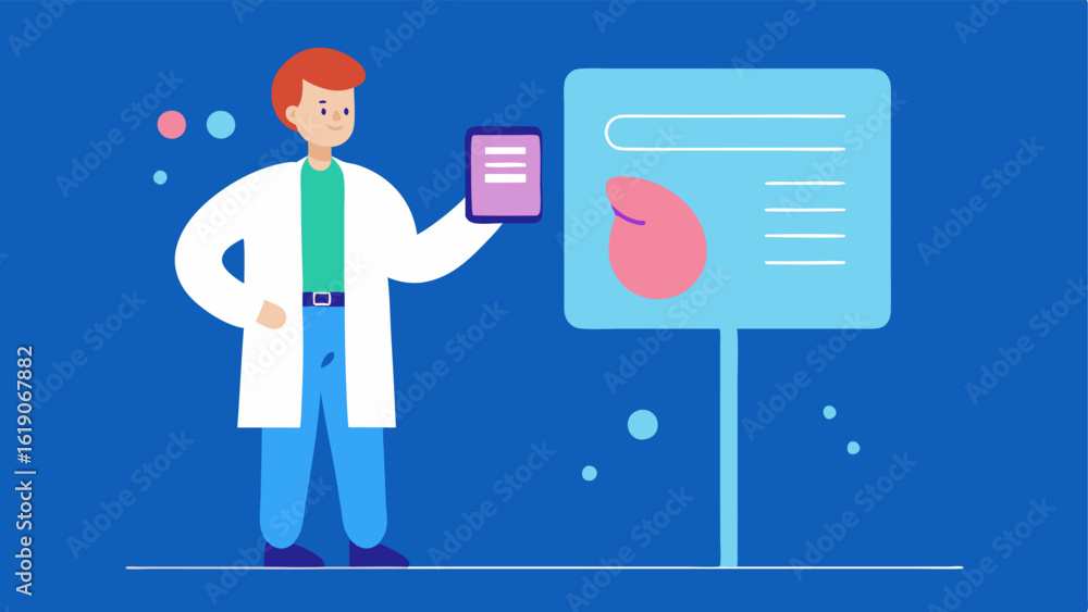 Poster doctor explaining data the doctor using a large tablet or screen to show a patient their biomarker r