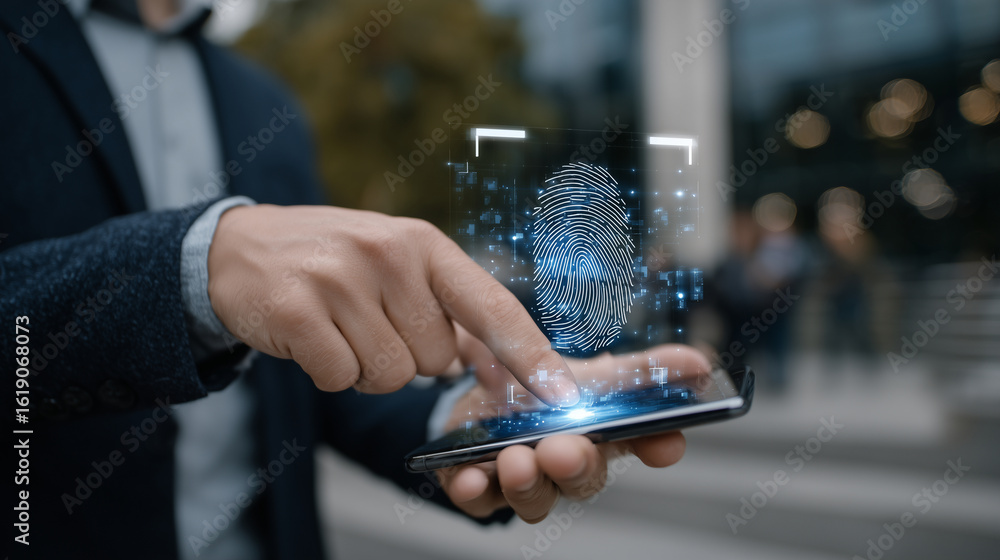 Aufkleber close-up of hand pressing fingerprint sensor on smartphone, emphasizing biometric security in modern