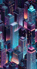 Obraz premium Isometric Night Cityscape Illuminated Buildings, Urban Density, Aerial View, Background Lights, Wallpaper
