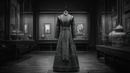 Intricate patterned gown on a mannequin in a dim museum setting with other artifacts
