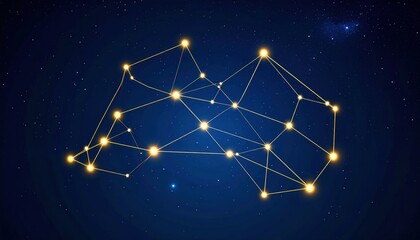 Golden Constellation Network On Dark Night Sky