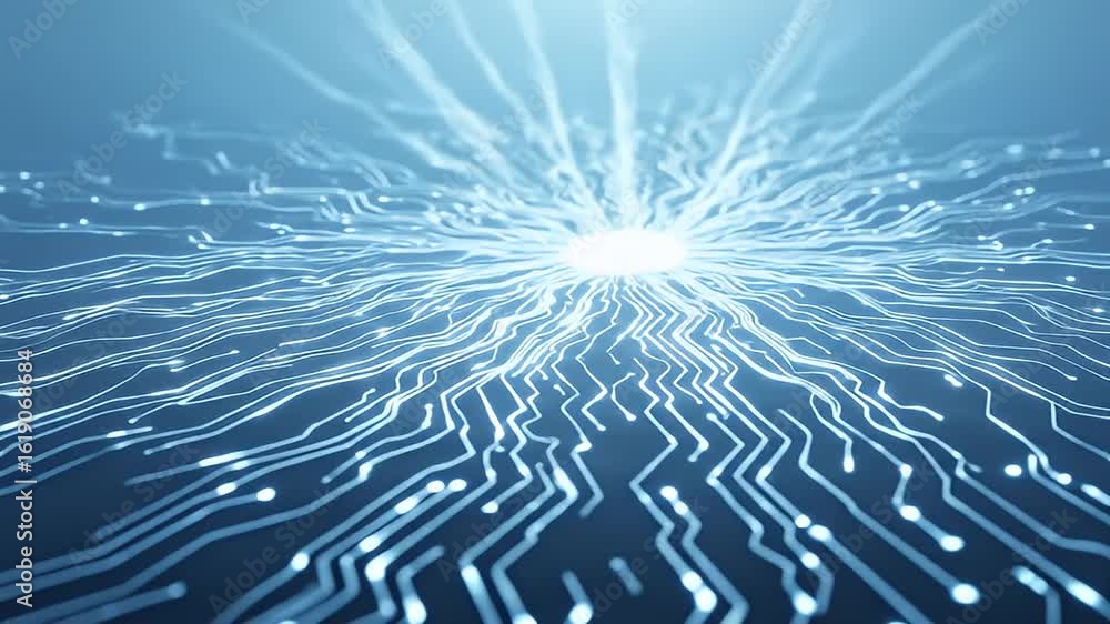 Poster illuminated data stream: a vibrant digital abstract showcases a luminous core radiating energy throu