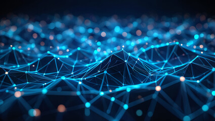 Close-up of an abstract blue technology background with a glowing plexus network of nodes and lines and a shallow depth of field.
