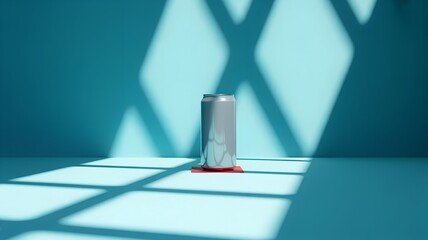 Minimalist scene with a silver cylinder casting a shadow on a teal wall