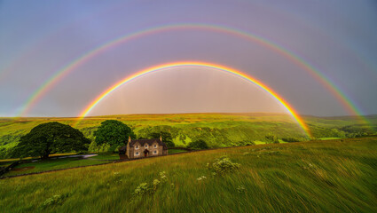 Fototapeta premium Wide shot of a vibrant double rainbow arching over a stone cottage in a lush green countryside landscape under a dramatic, stormy sky. 
