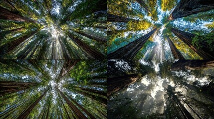 Obraz premium Tall trees reach to the sky in four perspectives