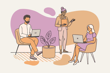 Diverse people working on laptops in a modern office setting