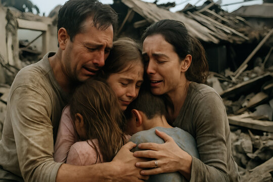 Emotional family reunion after tsunami, parents and children crying among ruins and devastation