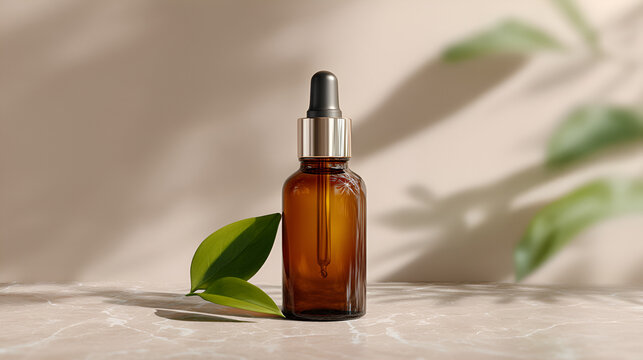 Serum bottle with dropper on marble surface and green leaves, bathed in natural light. Elegant beauty concept.