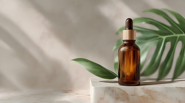Essential Oil Display: Amber bottle with dropper, tropical leaf accents, and marble platform.