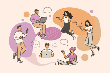Fototapeta premium Diverse stylized people interacting with technology and communication bubbles
