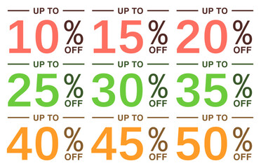 Set of vector discount badges with up to 10–50 percent off labels in multiple colors, designed for e-commerce sales, promotions, and marketing banners.