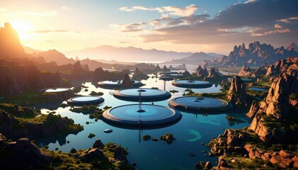 Futuristic Floating Islands Landscape Sunrise View
