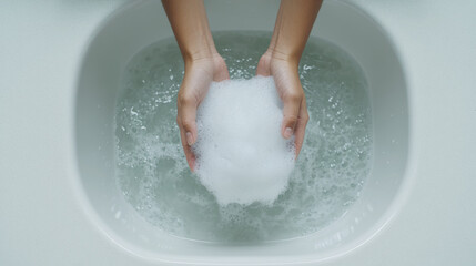Fototapeta premium Overhead view of hands holding soap bubbles above hotel bathroom sink filled with water