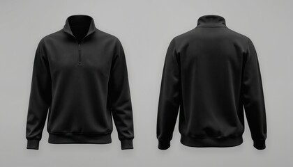 Black half zip sweatshirt mockup front back view. Premium quality apparel design template for branding promotion. Customizable clothing, realistic visual graphic for marketing, advertising.