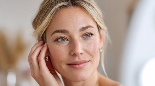 Elegant bridal beauty concept with bride admiring her makeup in the mirror