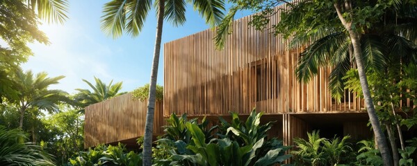 Contemporary building features natural wood slats within a rich tropical garden. Modern architecture harmonizes with exotic plants and foliage, creating a serene, relaxing environment.