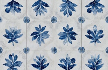 Blue ornamental leaves pattern on ceramic tile. Decorative floral design repeats on antique wallpaper. Vintage retro style decor for interior wall or floor.