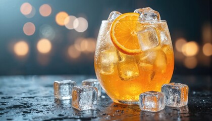 Refreshing orange beverage in a glass with ice cubes and orange slice garnish. This vibrant drink, perfect for summer, offers a cool thirst quencher for parties, picnics, and celebrations.