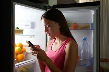 Woman using phone at night in front of refrigerator looking for food and snacks ideas