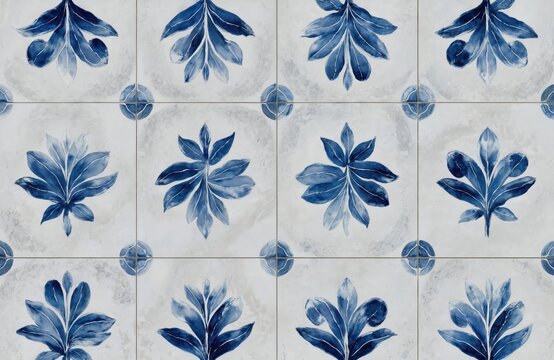 Fototapeta Blue ornamental leaves pattern on ceramic tile. Decorative floral design repeats on antique wallpaper. Vintage retro style decor for interior wall or floor.