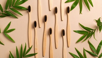 Natural Bamboo Toothbrushes On Beige Background