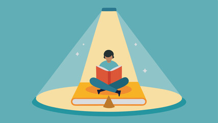 The tiny reader sits on a cozy cushion with their legs crossed gazing up in awe at the enormous book that towers above them. The book is resting on a wooden stand and bright