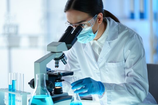 Woman scientist working with microscope in laboratory research and development lab