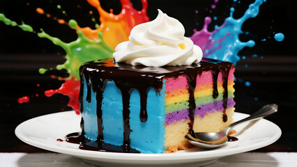 A vibrant, multi-layered rainbow cake sits on a white plate against a dramatic black background. Each layer of the cake is brightly colored in hues of blue, pink, purple, and yellow. Thick, glossy bla