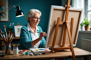 Senior woman painting at home art studio hobby creative expression canvas easel light