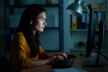 Woman working late at night on computer concept for remote work and productivity