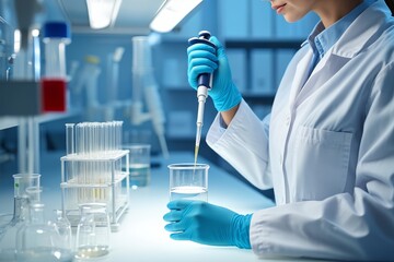 Scientist working in lab with pipette and beaker for medical research and analysis
