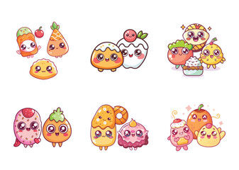Naklejka premium Adorable Cartoon Dessert Characters, Kawaii Style, Featuring Many Sweets and Treats
