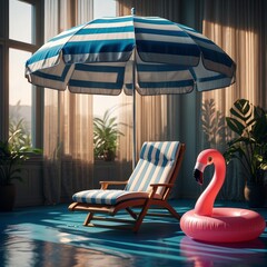 Indoor beach scene with flamingo float, lounge chair, and blue striped beach umbrella