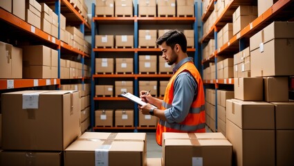 Warehouse worker inventory management checking boxes distribution center logistics