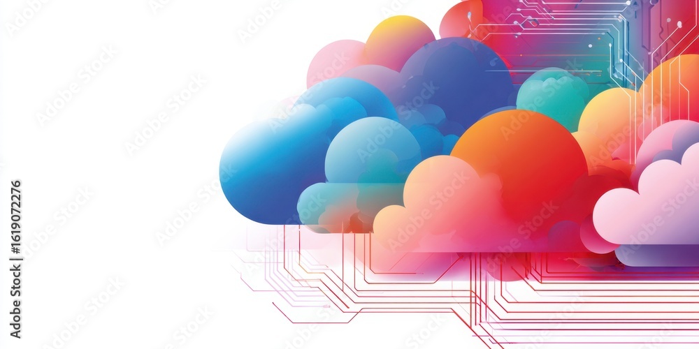 Poster colorful vector illustration of cloud technology, with a white background featuring gradient colors 