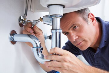 Plumber repairing sink drain plumbing under bathroom sink home repair maintenance diy job