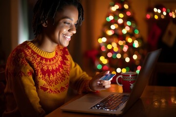 Woman christmas shopping online with laptop and credit card in cozy festive setting