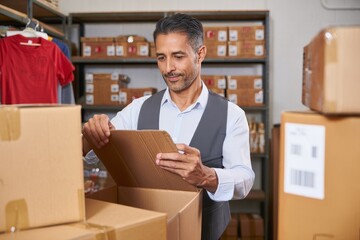 Man preparing orders in warehouse for shipping and delivery small business owner