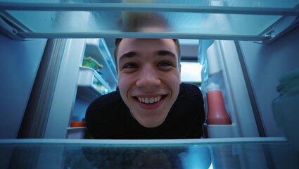 Man looking in fridge for food at night hungry snack refrigerator open inside view