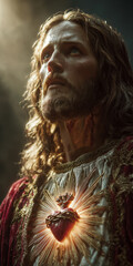 Sacred Heart of Jesus Christ Devotion with divine light and heart glowing