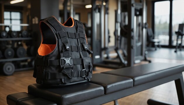 Black weighted vest with orange lining rests on gym bench. Essential fitness equipment for strength training, improving muscle power, stamina, endurance. Versatile for various workout routines,