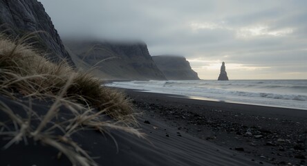Dramatic Black Sand Beach with Sea Stack and Misty Cliffs
