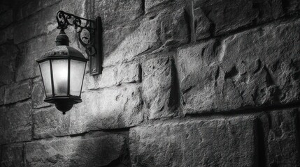 Illuminated lantern casts light on rough stone wall in a moody, grayscale composition