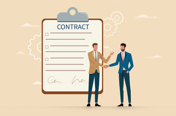 Two men in business suits shaking hands against the background of a signed document, agreement or contract. Vector business concept of signing an agreement in cartoon style.