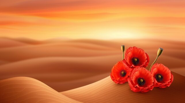 A vivid illustration showcasing a field of vibrant red poppies, perfect for commemorating Anzac Day with customizable text space. - Powered by Adobe