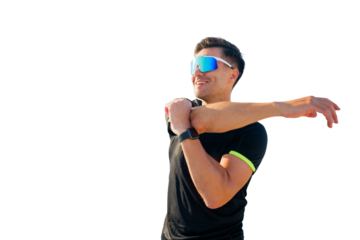 Stretching muscles in preparation for exercise during outdoor fitness session