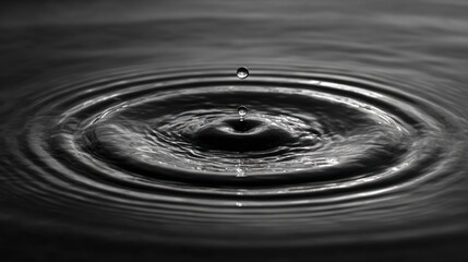 Black & white Drop creates ripples on still water's surface, circular waves expanding